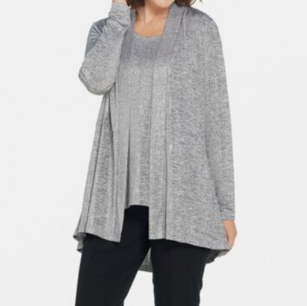 Susan Graver Floral Metallic Silver Liquid Knit Cardigan Top and Tank Size XL